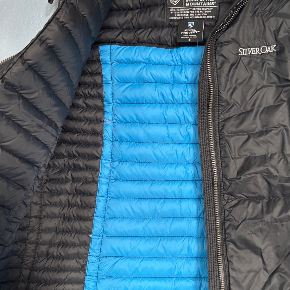 KUHL Born In The Mountains Silver Oak black hooded down vest. Pockets. Size sm - Picture 6 of 16